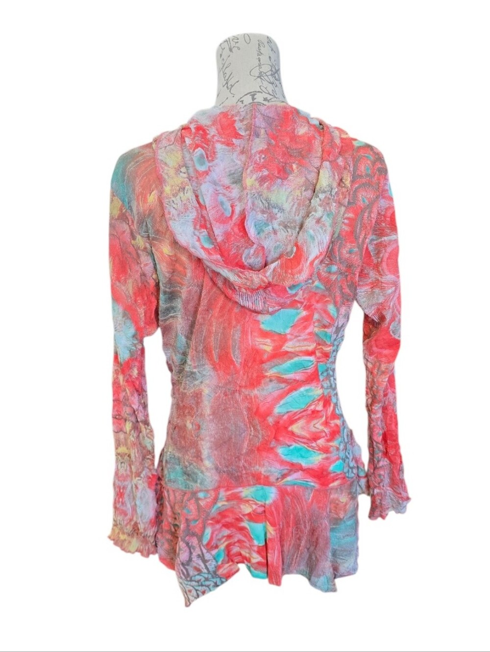 Vine Street Multicolor Coral Abstract Peacock Print Zip Up Hooded Crinkle Top M - Picture 2 of 7